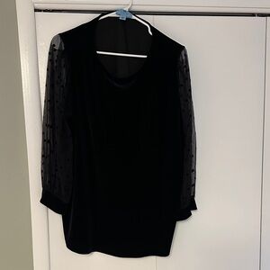 NWT CeCe Velvet Black Top with Sheer Polka Dot Sleeves